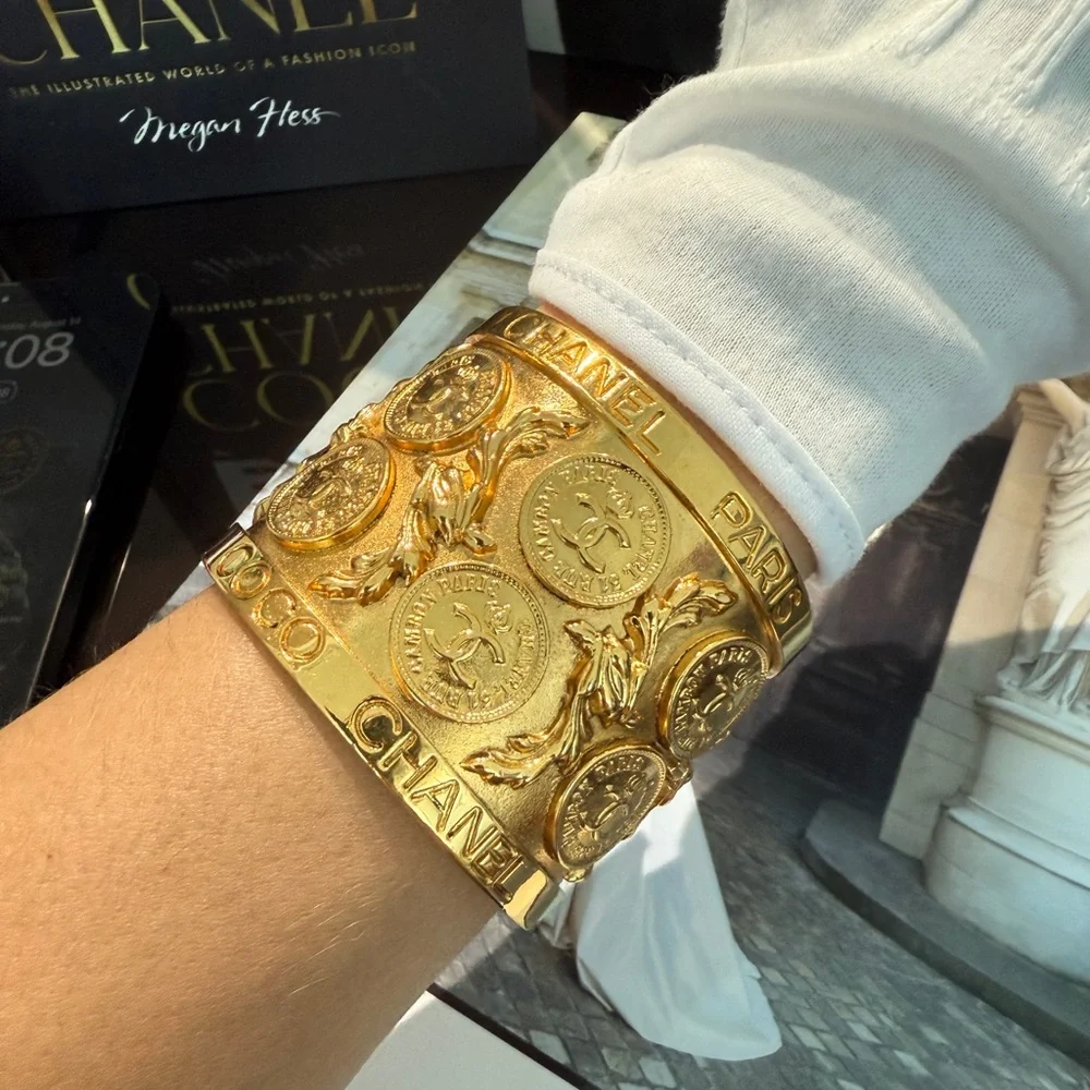LOT 2230 24K gold plated CHANEL Gold Medallion Cuff Bracelet